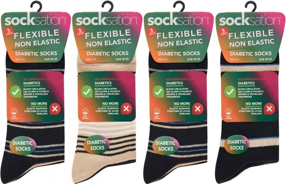 12 Pairs Men's Diabetic Flexible Non-Binding Stripes Mix Socks UK 6-11
