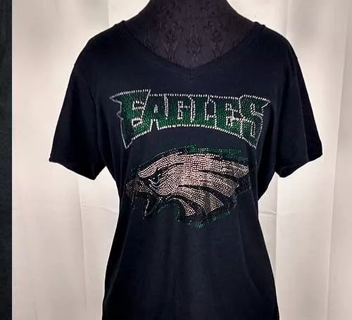 Women s Philadelphia Eagles Rhinestone Football V neck T Shirt Tee Bling Lady