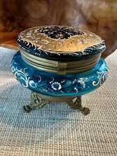 Antique Moser Bohemian Turquoise Blue Glass Dresser Box Raised Enamel 19th C