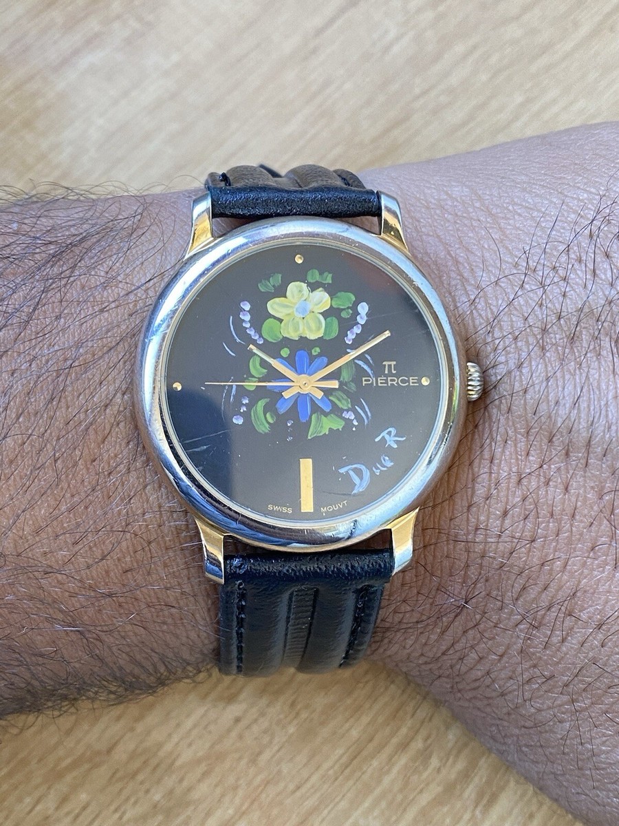 Vintage Pierce Watch Quartz Black Dial Swiss Made 35mm Gold Plated