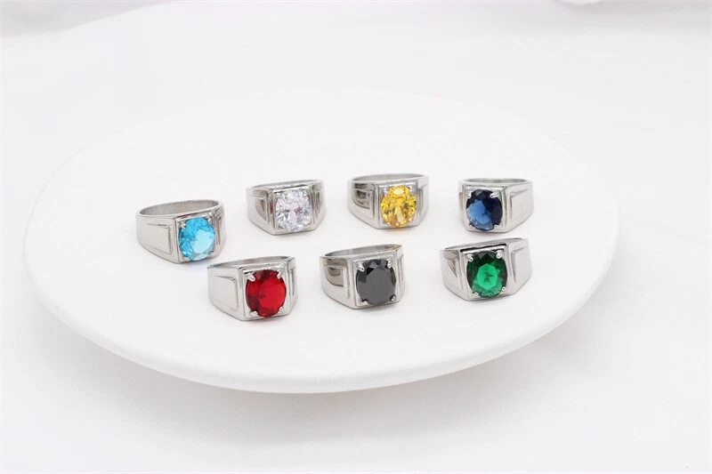 Hombres Mujeres Redondo Multicolor Piedra Anillo Plata Acero Inoxidable Pinky Fiesta Regalo Foto 4 de 4