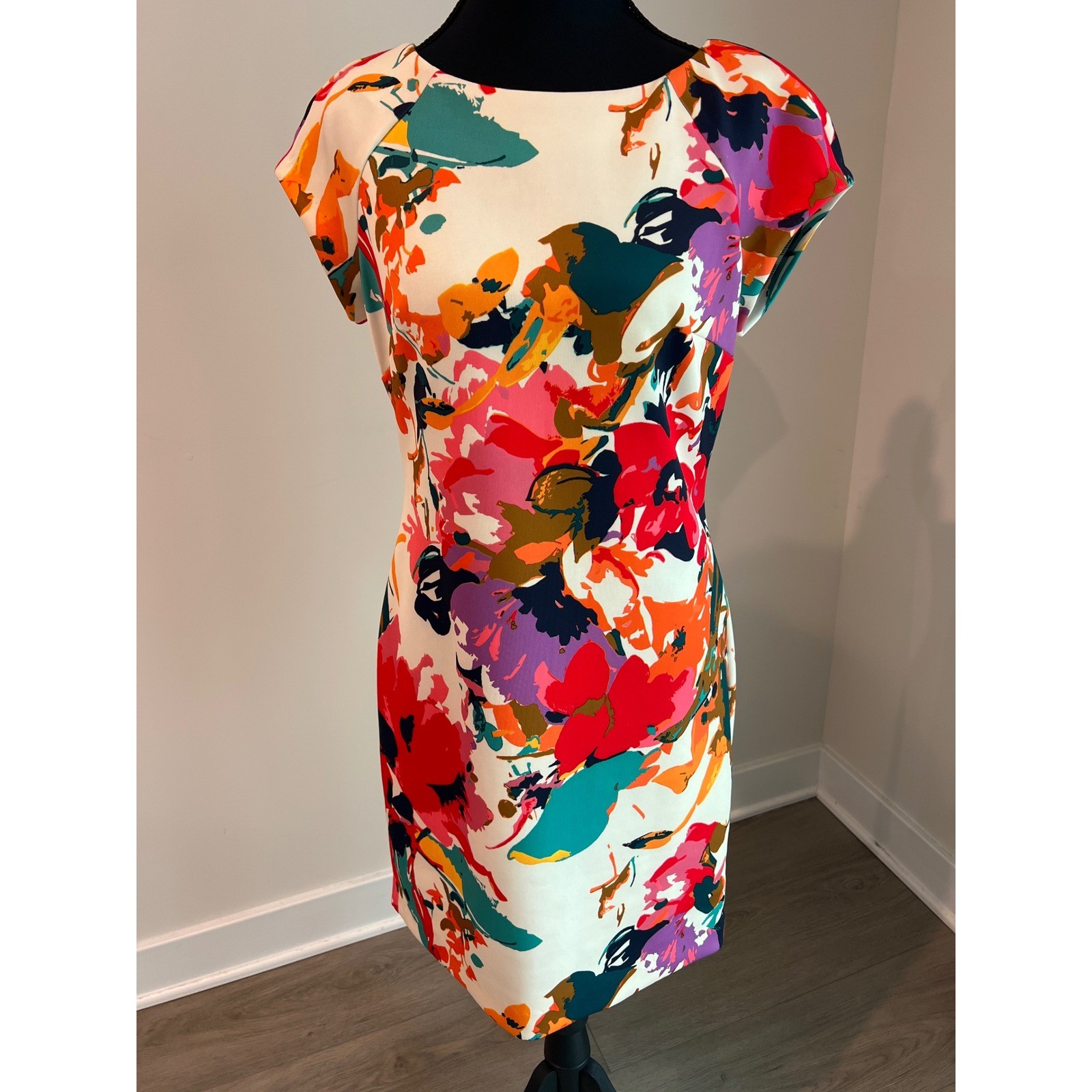 ECI New York Women Multicolor Floral Abstract Sheath Dress Cap Sleeve Size 4