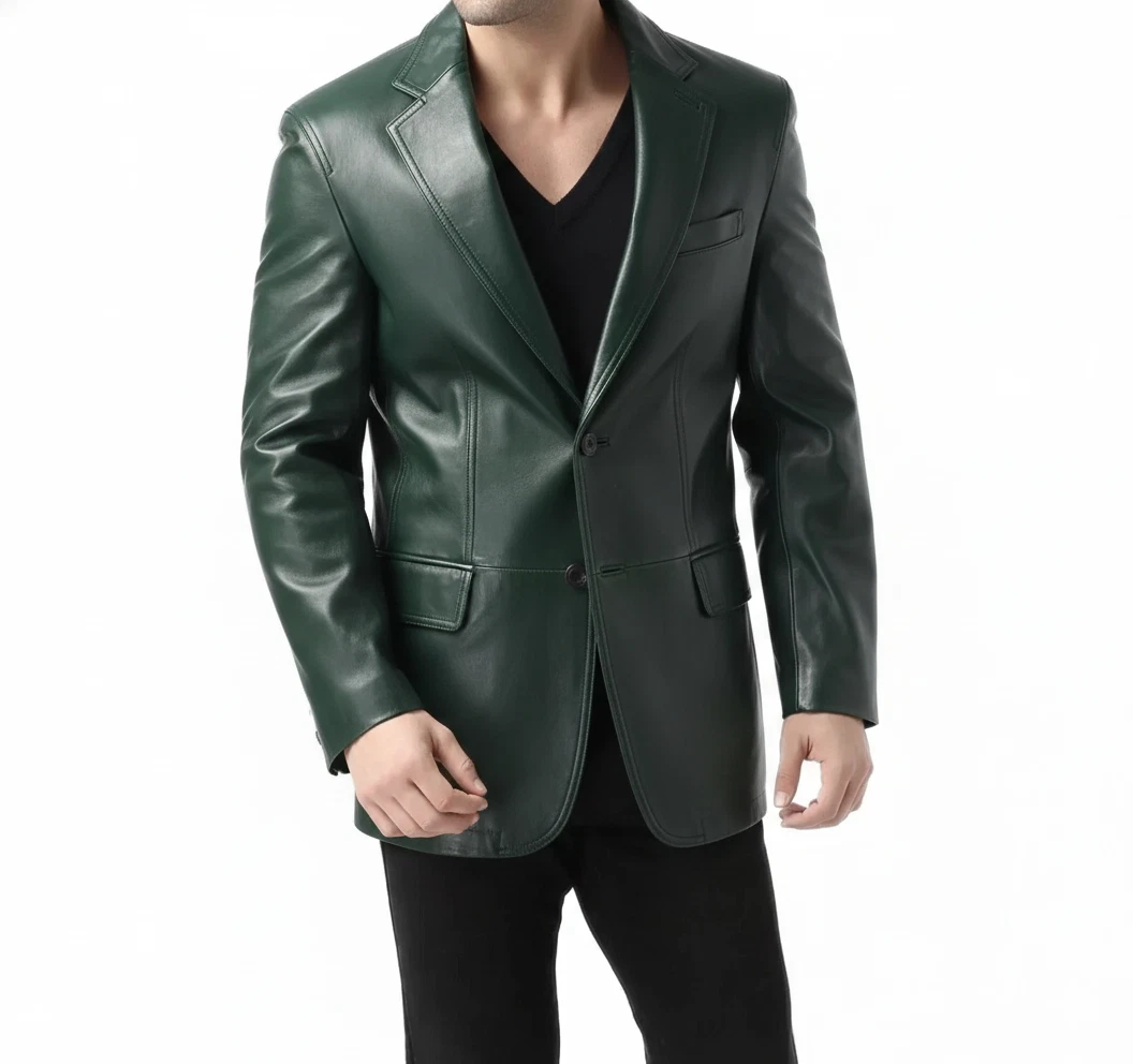 LUXURY Men's Dark Green Lambskin Leather Blazer Slim Fit Two Button Coat Blazer