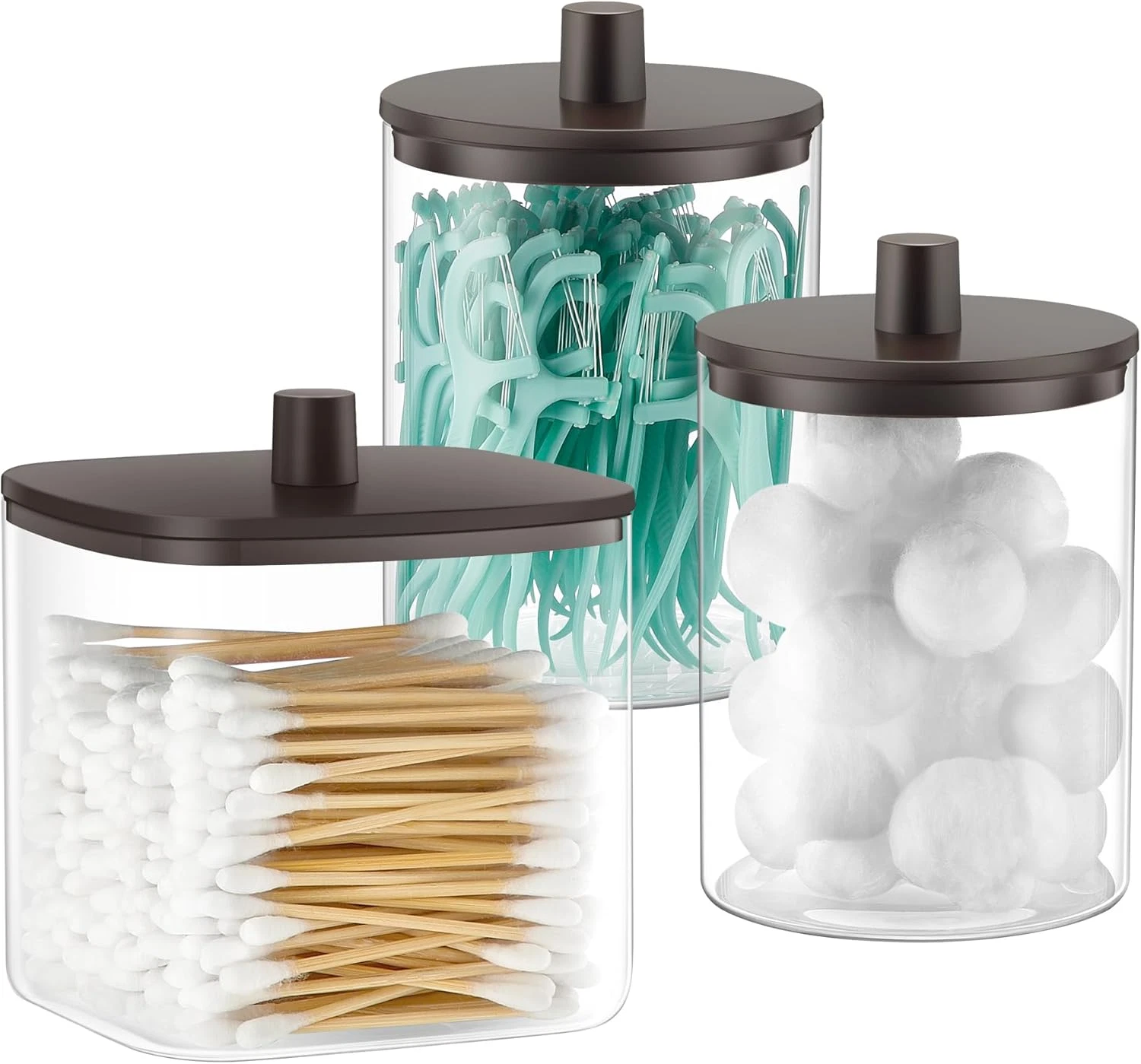 3 Pack Glass Qtip Holder Dispenser- 10 Oz Clear Canister Apothecary Jar, Bathroo