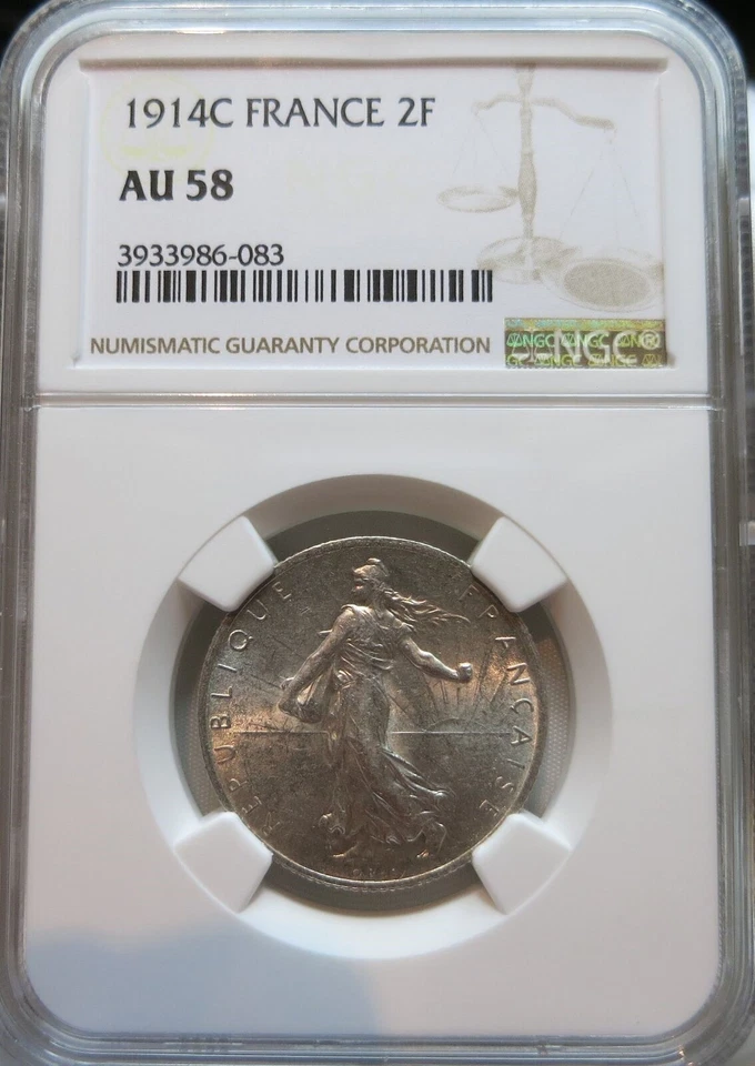 FRANCE 2 francs 1914 C NGC AU 58 UNC Silver Castelsarrasin Liberty Sowing Seeds - Image 3 of 3
