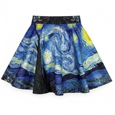 Starry Night Vincent Van Gogh Art Print Skater Mini Skirt Blue Yellow S/M