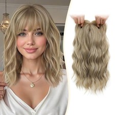 Dark Blonde Highlights w/ Bangs Short Wavy 14in Women Premium Hair Topper