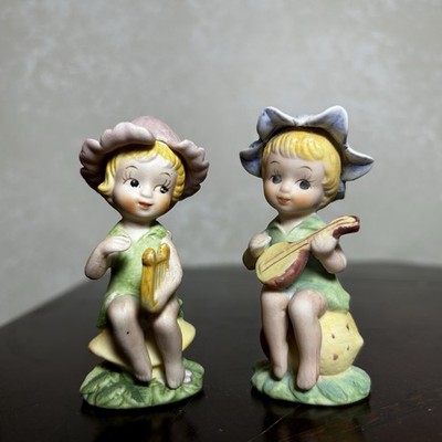 Pair of Two RARE Vintage Matching Pixie Elf Musician Set 2 Figurines Taiwan