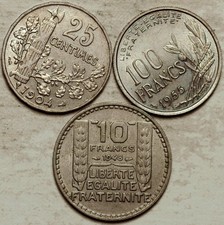 1904 - 1948 - 1955 FRANCE 25 CENTIMES 10 + 100 FRANCS (HIGH GRADES)