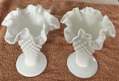 2 FENTON HOBNAIL WHITE MILK GLASS FOOTED TRUMPET VASE 5 3/4" TALL DOUBLE RUFFLE