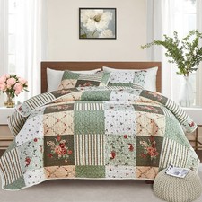Patchwork Quilt Set King Size, 3 Pieces Green Floral Plaid Summer Bedspread C...
