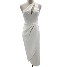 LULU'S SZ S White One Shoulder Tulip Zipper Cutout Bodycon Midi Dress NEW B124