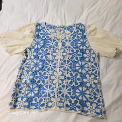 Cato Open Crocheted Top Blue White White Cotton Puffy Sleeves XL Momcore Granny