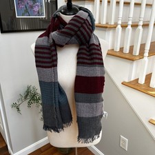 Prana Plaid Boho Fringe Scarf Gray Maroon Blue