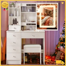 Vanity Desk with Lights Mirror and Stool , Vanity Makeup Dressing Table Bedroom