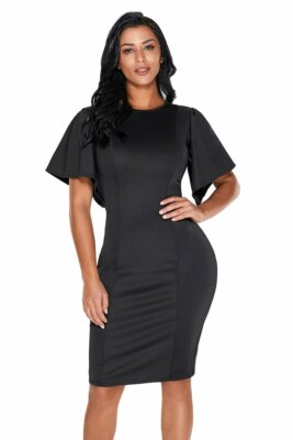 Women's Black Flutter Sleeve Back Slit Sheath Midi Dress M | eBay