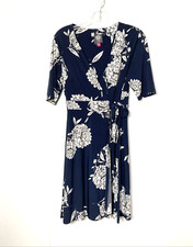 Vince Camuto Dress Size 6 Womens A-line Wrap Blue Floral Short Sleeve Stretch