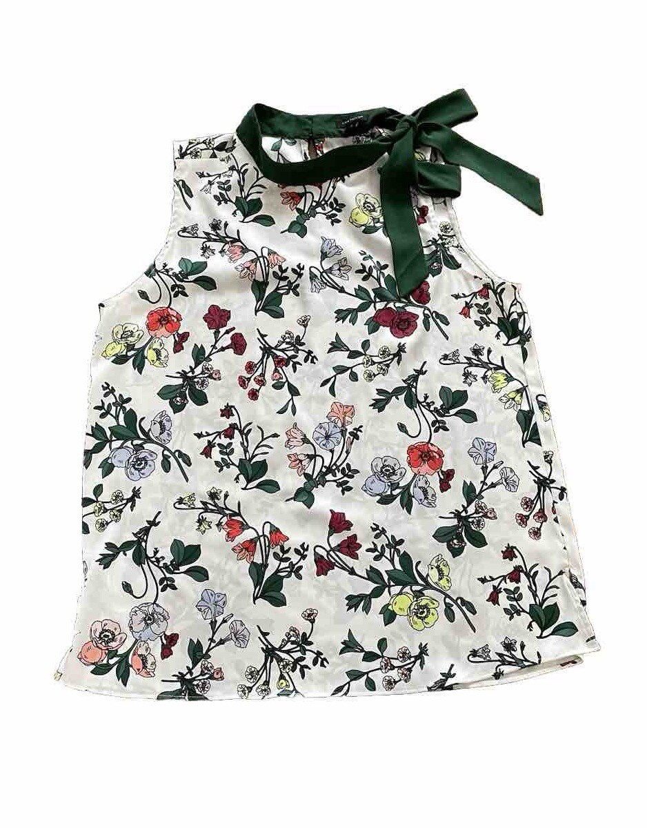 Ann Taylor  Women's Size S Sleeveless Ivory Floral Tank Top, Green Neck Tie