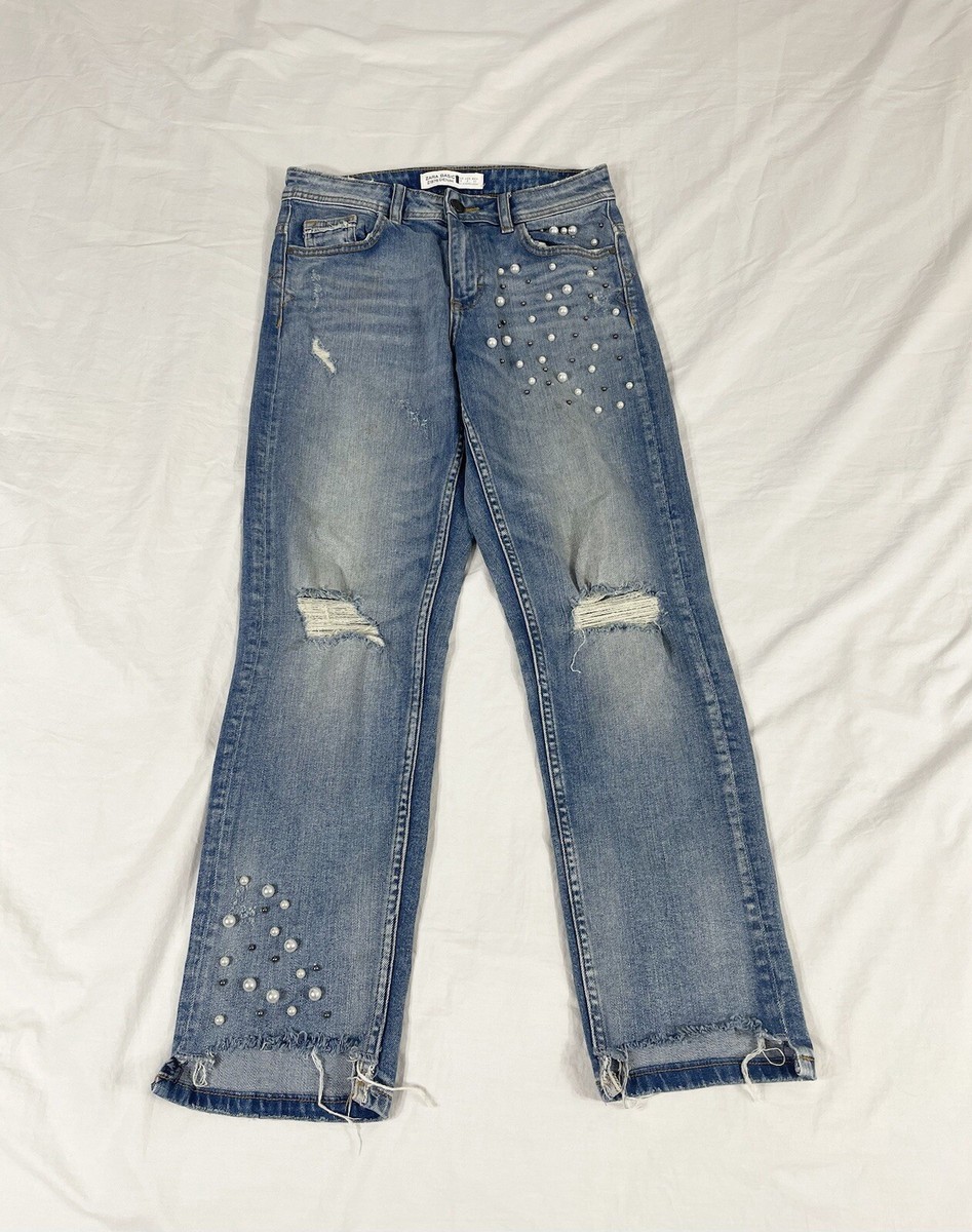 Zara Women Blue Distressed Pearl Straight Denim Jeans Size