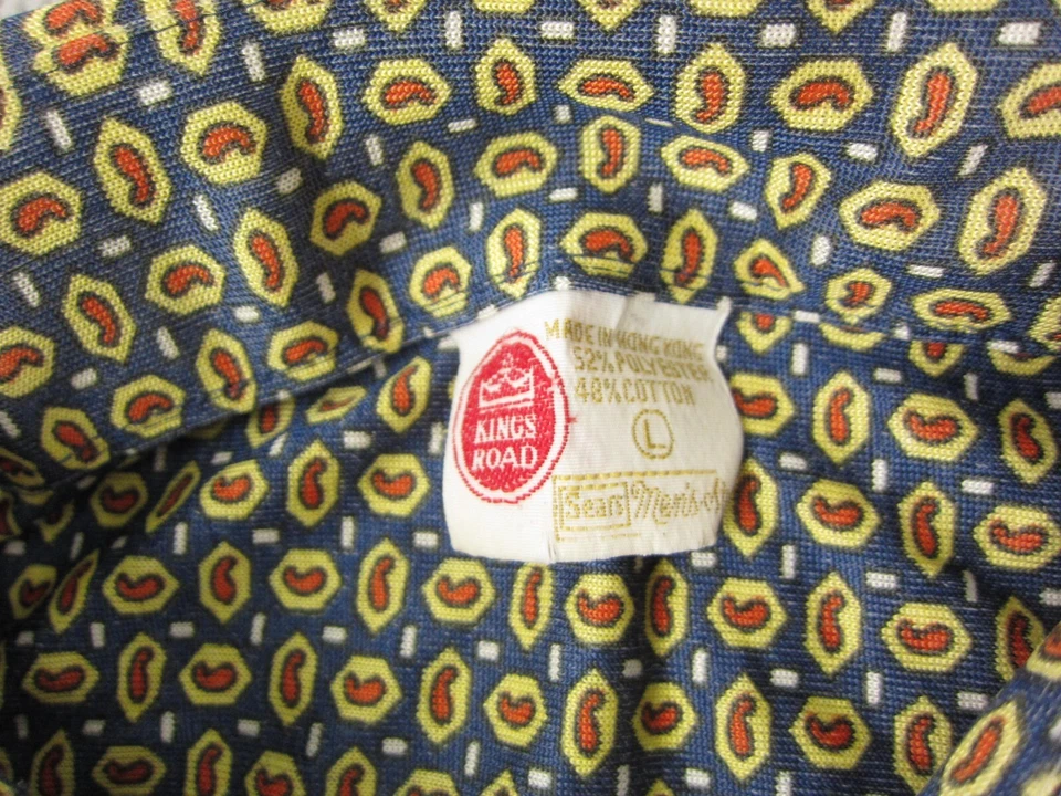 Vintage Sears Shirt Mens Large Blue Yellow Paisley 70s Big Collar Disco Poly - Image 3 of 4