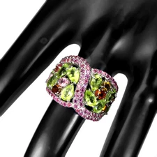 925 Sterling Silver Ring Pear Peridot Rhodolite Tourmaline Gemstone Jewelry 7.5