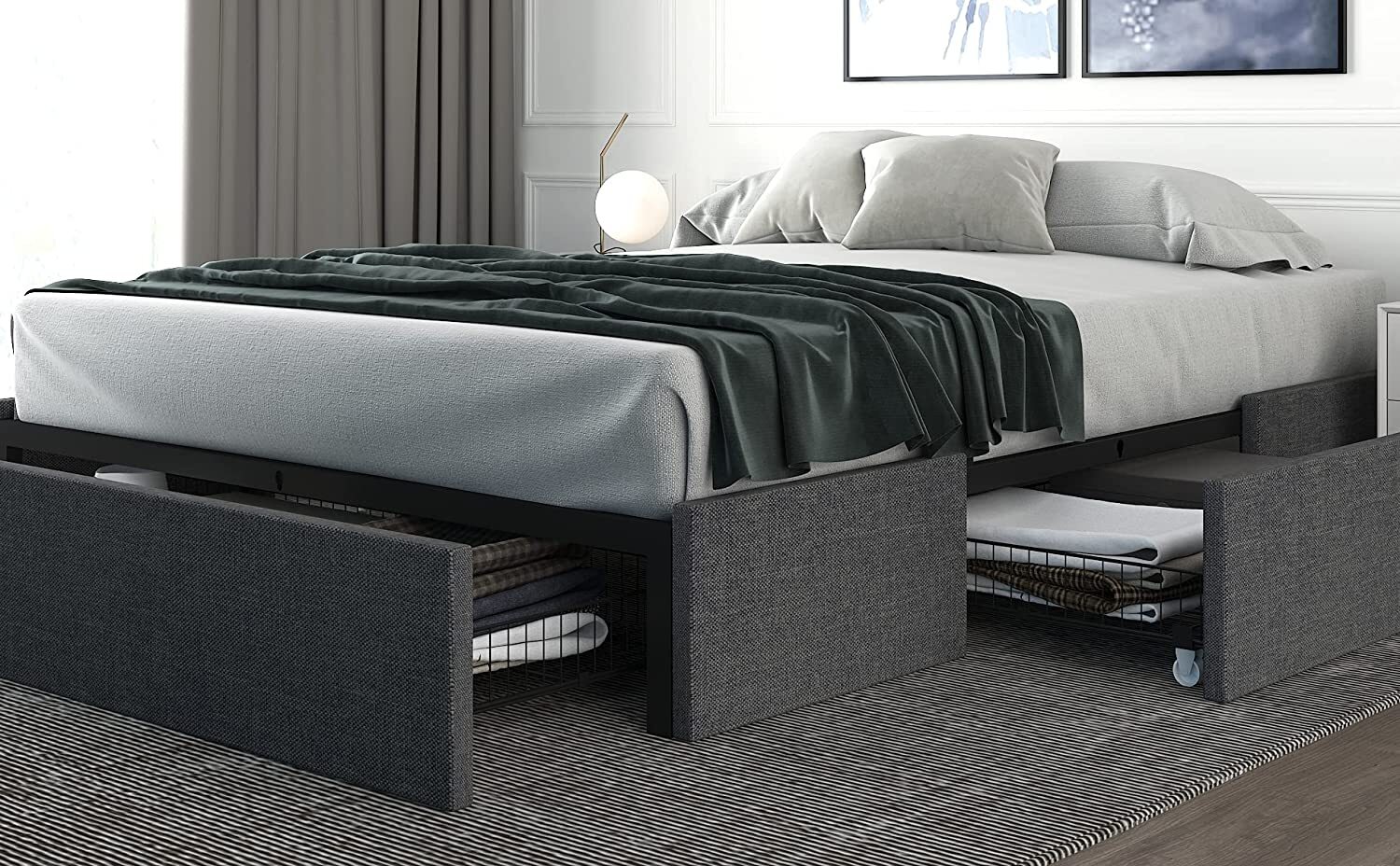 Upholstered Queen Bed Frame with 3 Storage Drawers, No Headboard Design, Grey