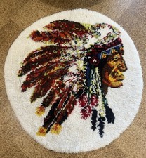Vintage Latch Hook Area Rug Native American Round 70s