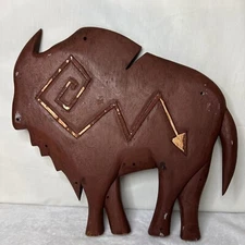 Large Red Wooden Buffalo Bison Wall Hanging Figure Statue Aztec Southwest Decor