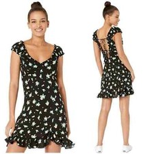 Free People Like A Lady Black Floral Romantic Ruffle Sleeve Mini Dress Sz S