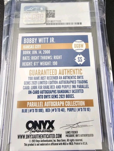 BOBBY WITT JR. - 2021 Onyx Gems Uncirculated - SAPPHIRE - BLUE INK - RC Auto - Picture 2 of 2