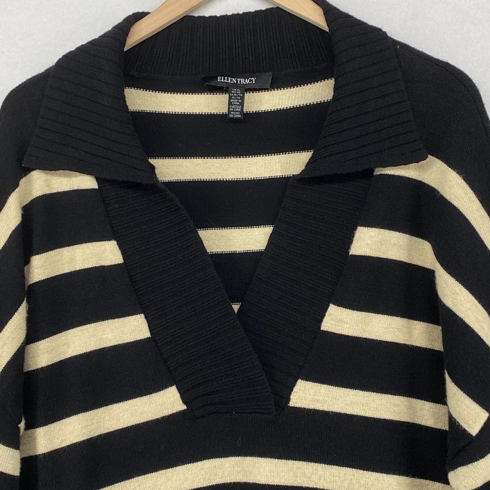 ELLEN TRACY 毛衣 XL 领 V 领舒适条纹套衫套衫蓝色 — 第 3/4 张图片