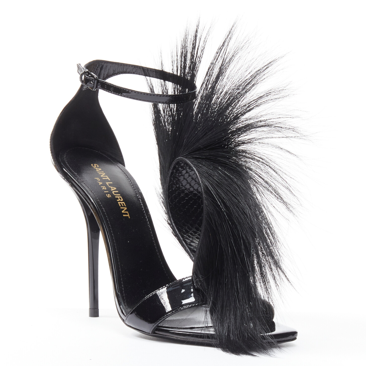 SAINT LAURENT Jamie 110 Runway sandali vernice mohawk pelliccia nera EU37 5