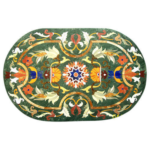 36-inch Green Marble Table with Handcrafted Semi-Precious Stone Inlay for Home Decor