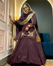 Latest Stylish Crepe Silk Brown Top Lehenga And Dupatta For Functional Wear