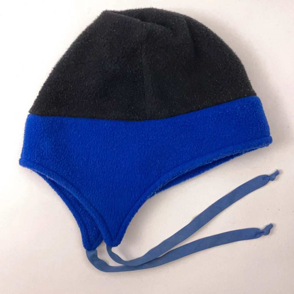 Vintage Made USA LL Bean Black Blue Fleece Winter Ear Flap Hat Size L/XL