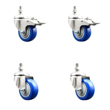 3 Inch 316SS Blue Polyurethane ½ Inch Threaded Stem Caster Set 2 Lock Brake SCC