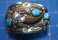VINTAGE ANNIE CHAPO NAVAJO STERLING SILVER CUFF KINGMAN TURQUOISE/ CORAL