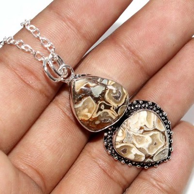 925 Silver Plated Long Rock Fossil Necklace 18'' Handmade Gemstone Jewelry JW