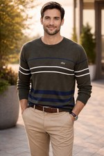 Lacoste Men's XL Long Sleeve Cotton Stripe Crew Neck Sweater Olive Green EUC
