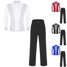 US Mens Latin Ballroom Dance Costume Mock Neck Long Sleeve Shirt with Long Pants
