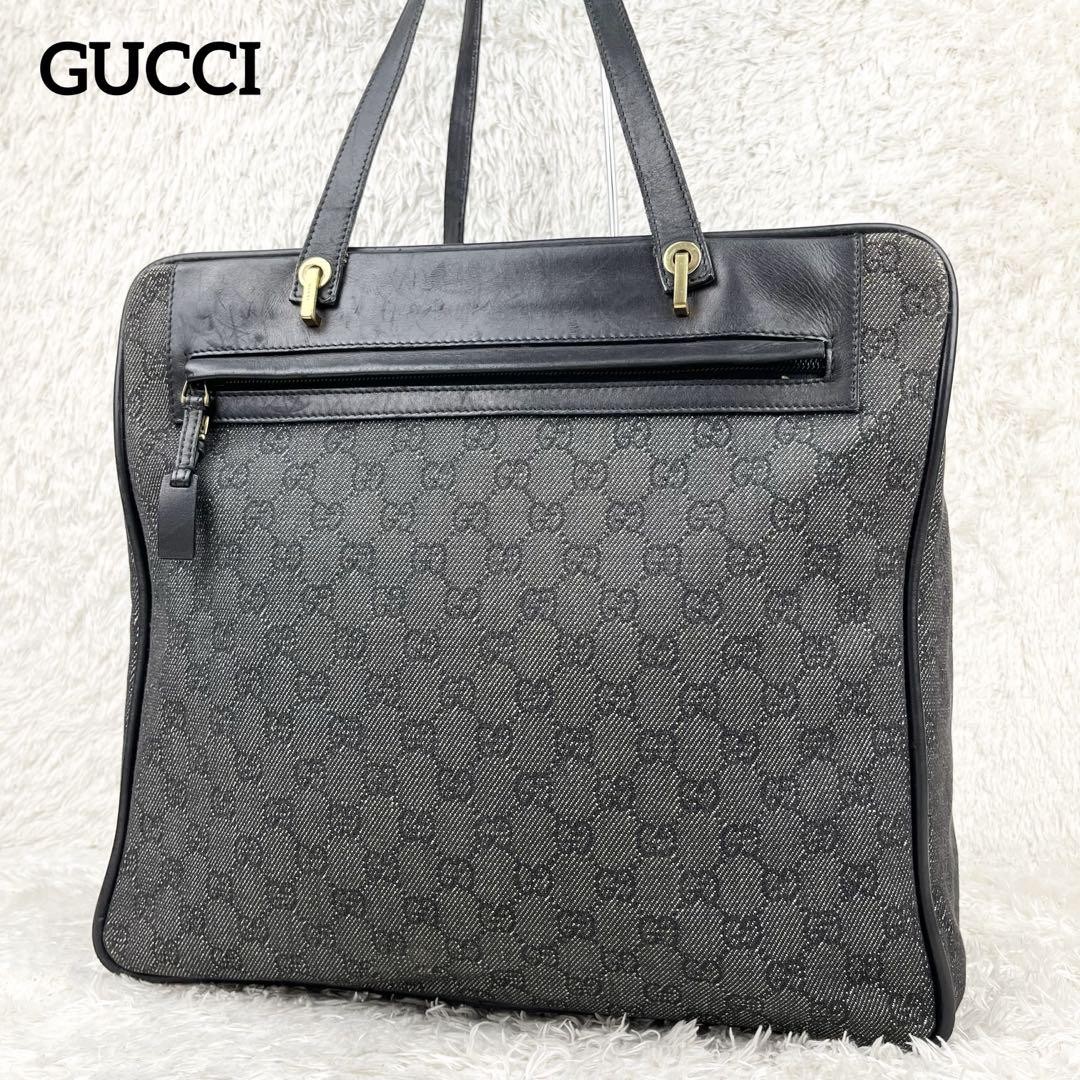 Gucci GG Canvas Tote Bag with Black Leather Trim Pre-Owned