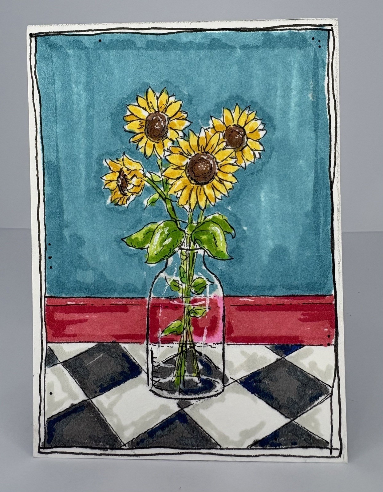 ACEO Original Sunflowers Alcohol Marker Drawing On Paper By Janie 2.5x3.5