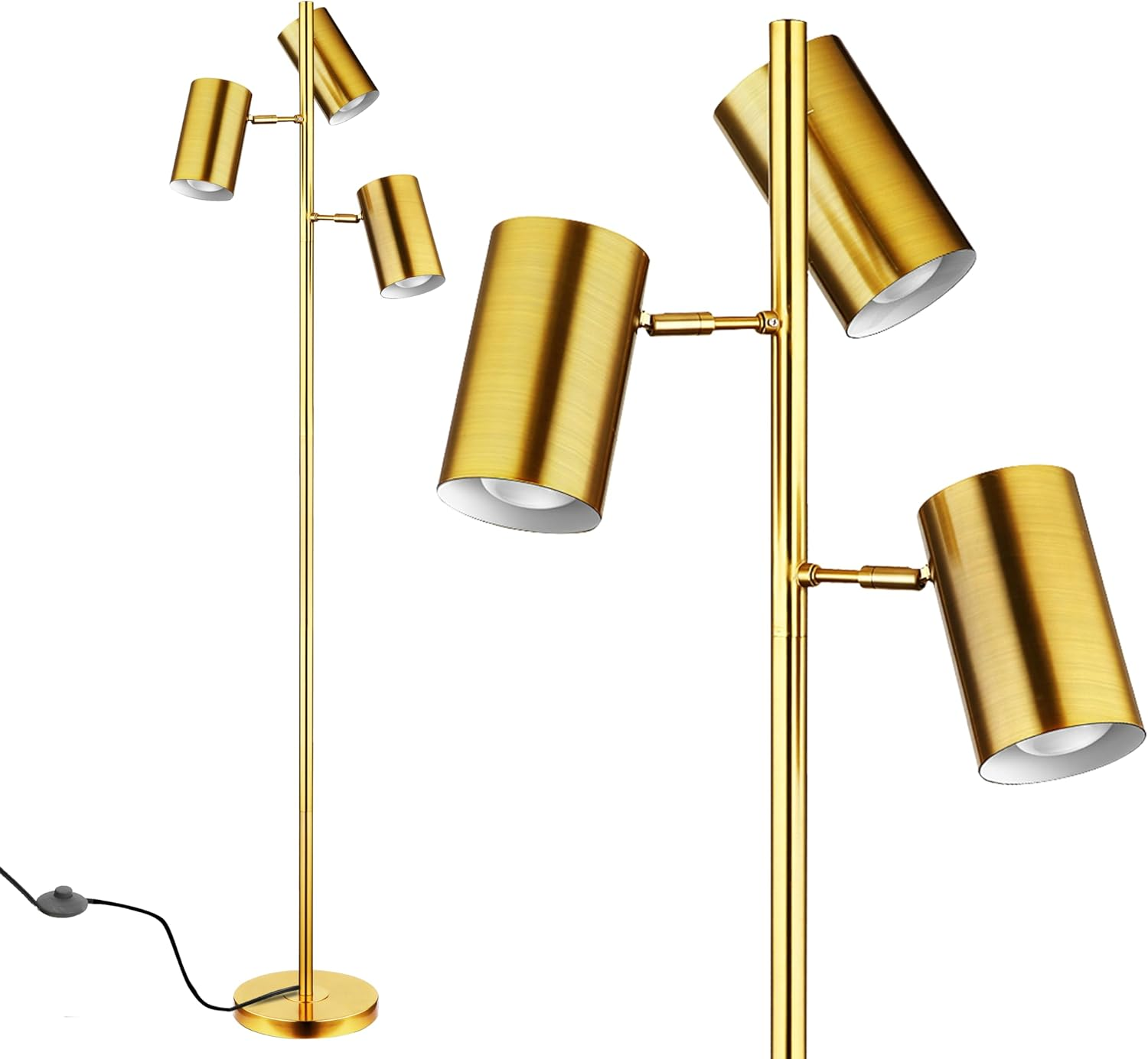 Gold Tree Floor Lamp with 3 Adjustable Bulbs - Tall Standing Pole Light