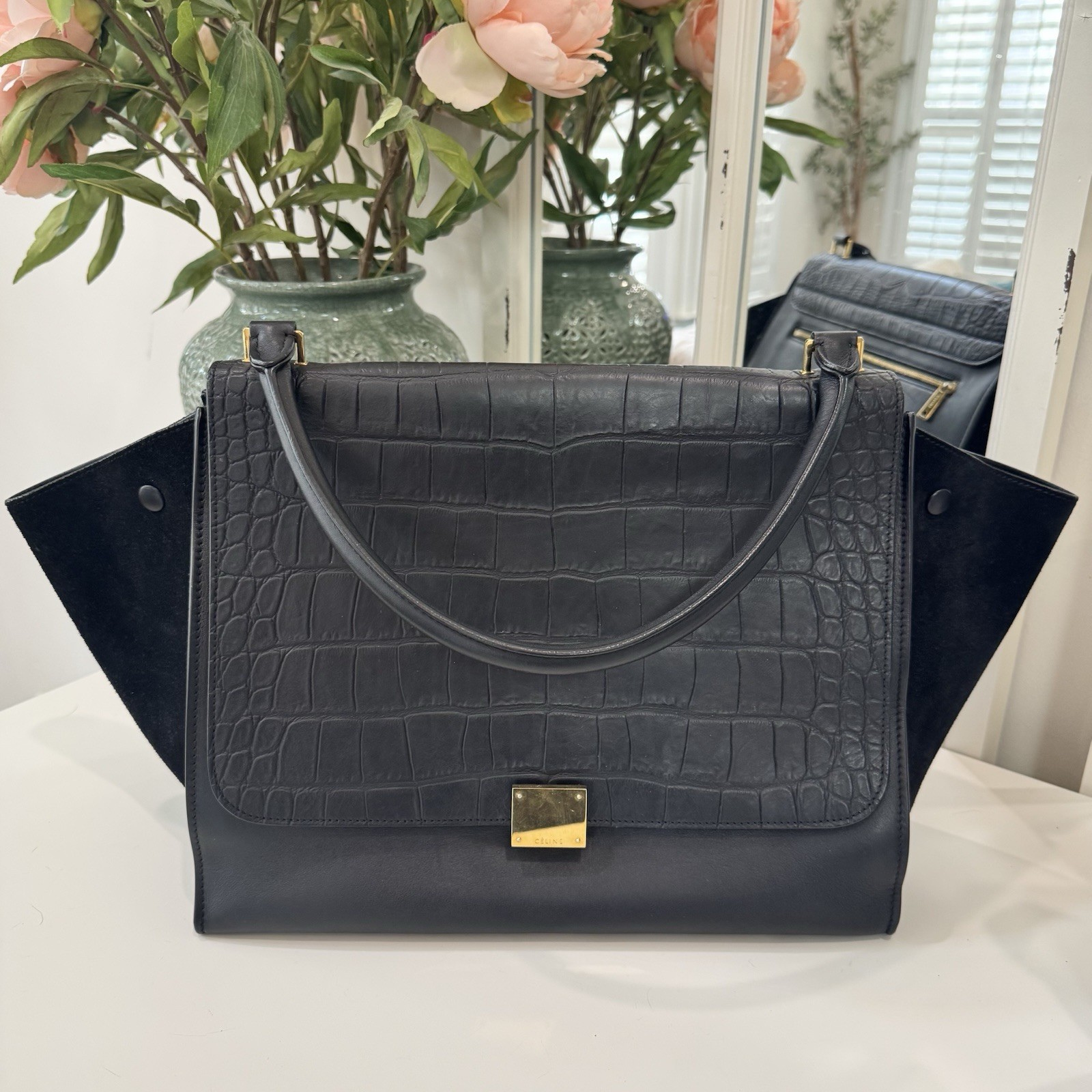 Celine Trapeze Large Black Croc Embossed Leather and Suede Top HandBag image 4