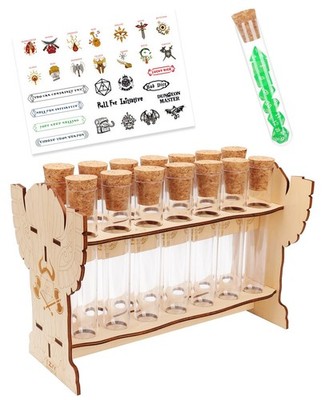 Dice Potion Flask Storage Set, 14 Tubes with Wood Display Rack