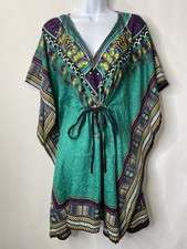 Vintage Womens Mumu Dress Free Size Cinch Waist Africa Hippie Maximalist Boho
