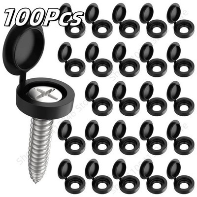100 Black Plastic Screw Hinged Cover Caps Fold Snap Fold Washer Flip Tops Cover