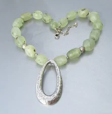 Retired SILPADA Sterling Hammered Green Prehnite Bead Pendant Necklace N1806