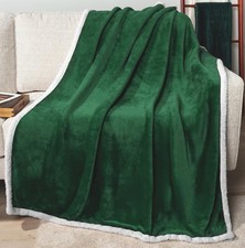 Large 100  x86  Green Sherpa Lined Fleece Blanket. Soft Reversible King Size