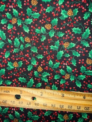 1 Yard Christmas mini Holly Berries Pine Cones Cotton Fabric Black Holiday Print